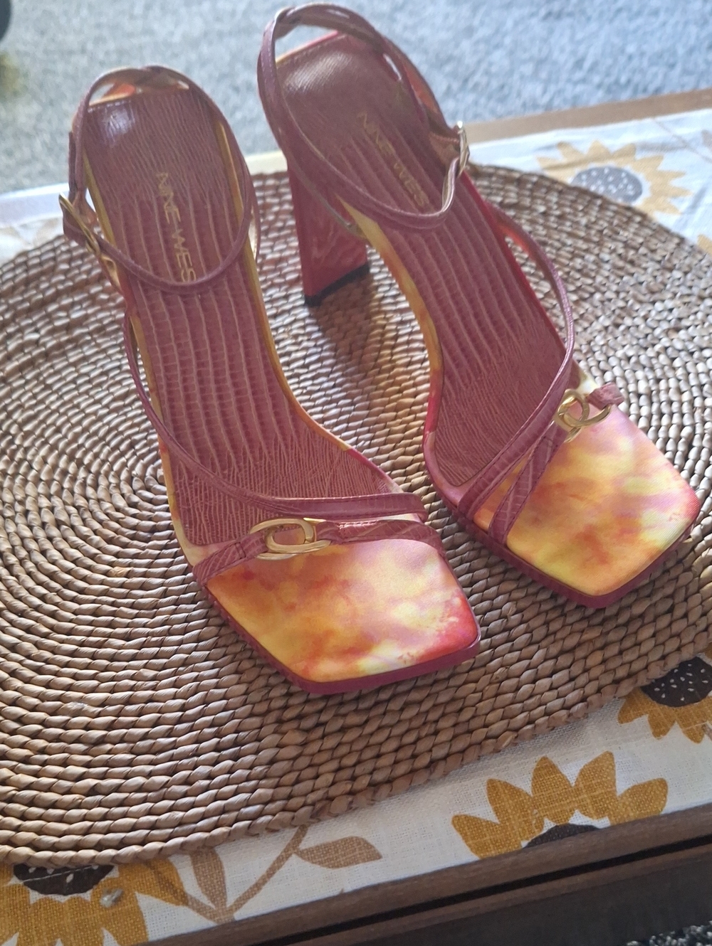 Nine West Rose Pink Strappy Heeled Sandals with Gold Accents